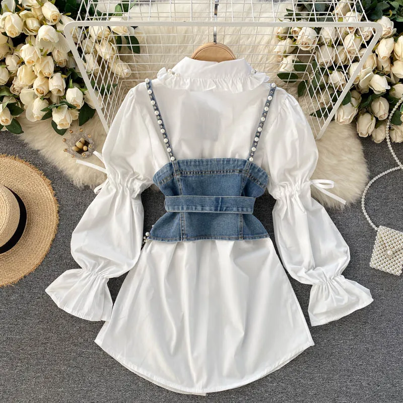 Summer 2023 New Blouse Women\'s Diamond Beaded Puff Sleeve Blusa Top Tassel Pearl Sling Waistcoat Two-piece Sets Stacking Shirt