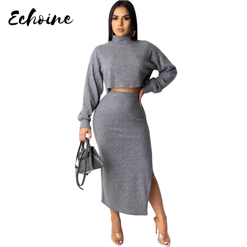 

Knitted 2 Pieces Set Women Pullovers Sweater Crop Tops Knitted Skirts Bodycon Office Lady 2PCS Suits Sets 2020 Winter Tracksuit