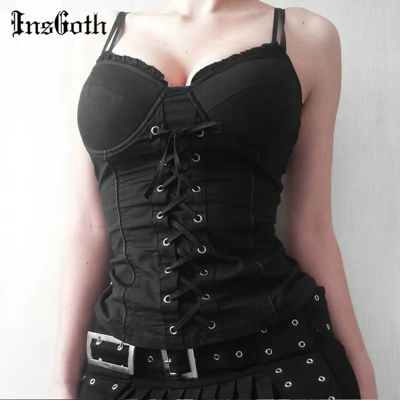 InsGoth Sexy Bandage Camis Women Gothic Black Spaghetti Strap Backless Bodycon Crop Tank Tops Female Vintage Camisoles Summer InsGoth Sexy Bandage Camis Women Gothic Black Spaghetti Strap Backless Bodycon Crop Tank Tops Female Vintage Camisoles Summer