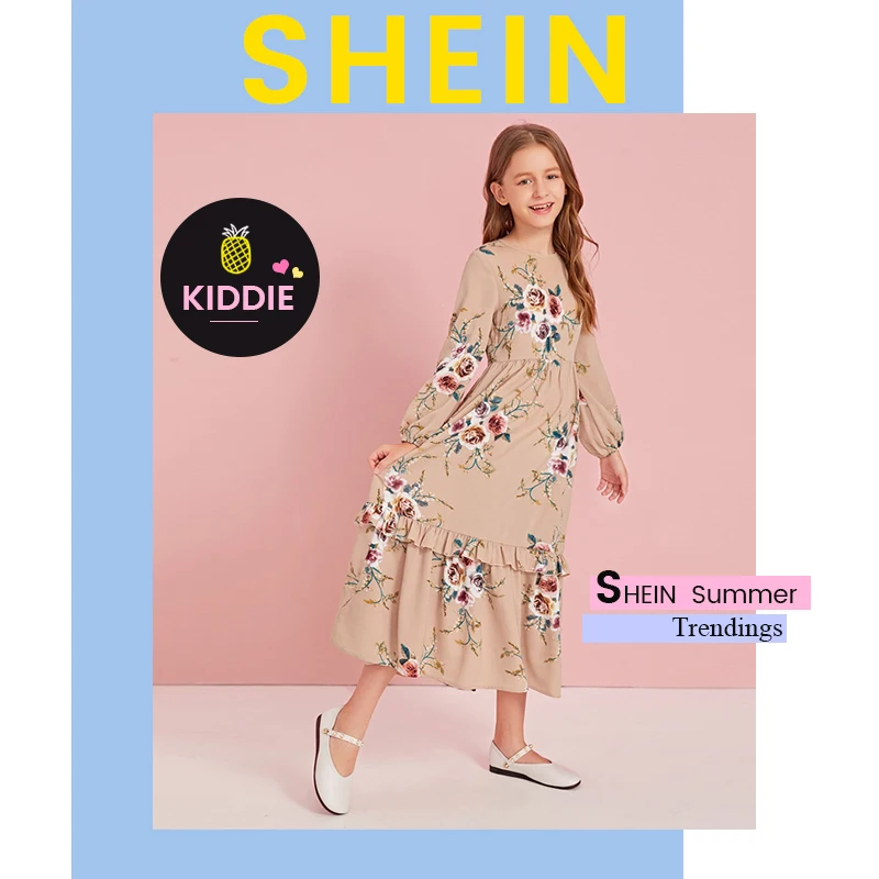 SHEIN Kiddie Khaki Floral Print Tiered Layer Ruffle Hem Boho Dress Kid Autumn Bishop Sleeve Zipper Back Flared Maxi Dresses