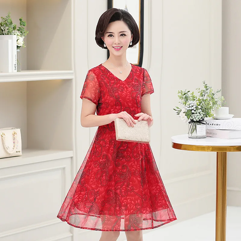 

Middle-aged Large Size Chiffon Skirt Mom Summer Wear Dress 40-50-Year-Old Middle-aged WOMEN'S Short Sleeve Shirt Summer Clothes