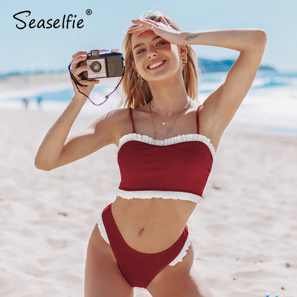 Seasuelfie красный с оборками бандо бикини наборы сексуальный высоким вырезом мягкий