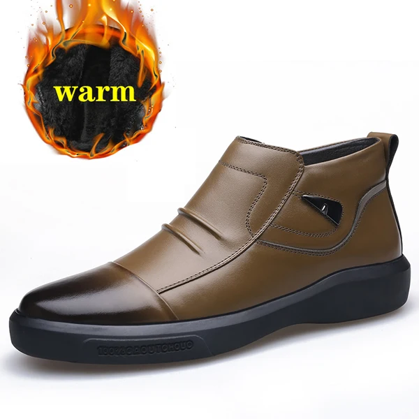 Для мужчин Зимняя обувь из натуральной кожи Теплые; больших размеров; бархатные зимние Мужские Ботинки Ботильоны Мужские модельные туфли Для мужчин - Цвет: Коричневый