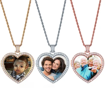 

Custom Photo Memory Medallions Heart-shaped Pendant Necklace With Tennis Chain Hip Hop Jewelry Cubic Zircon Chains Necklace Gift