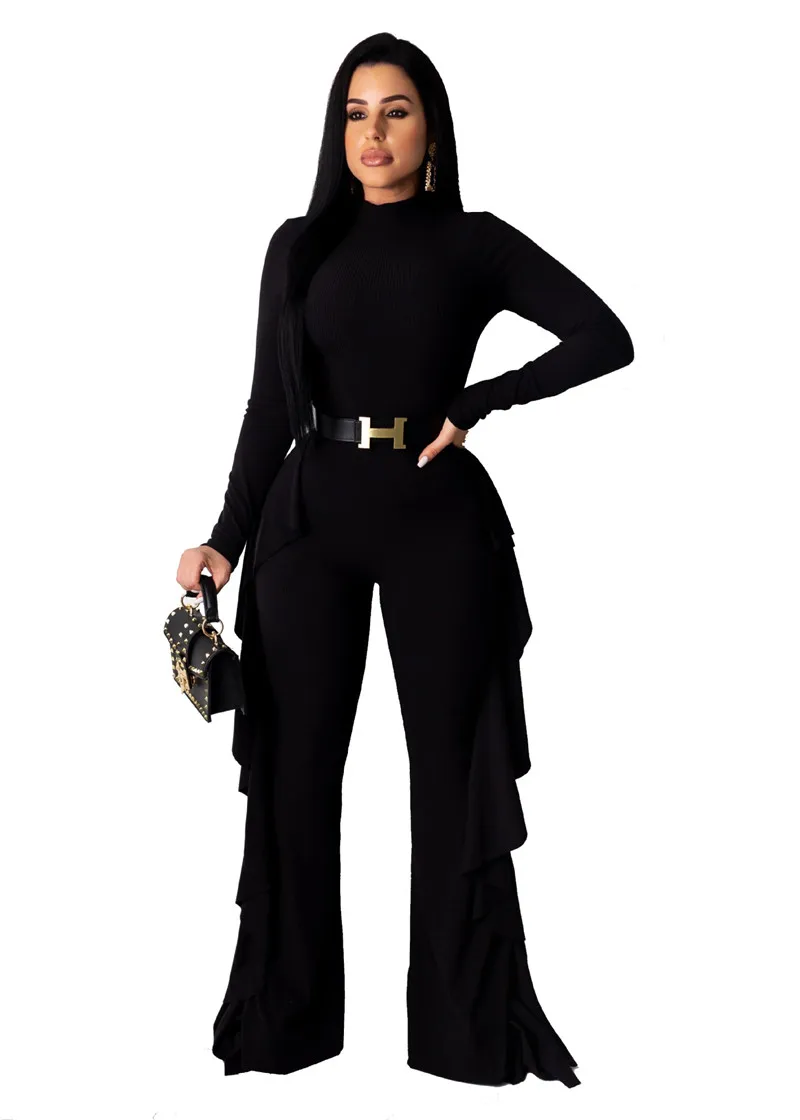 black jumpsuit Adogirl, однотонный, синий, черный, с оборками, трикотажный, в рубчик, комбинезон, Осень-зима, с воротником, с длинным рукавом, с открытой спиной, Женский Повседневный Комбинезон - Цвет: black jumpsuit