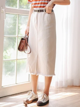 

2020 Women's Summer Skirt Korean Style High Waist Tassel Pockets White Denim Skirt With Belt Casual Split Midi Pencil Skirt Saia