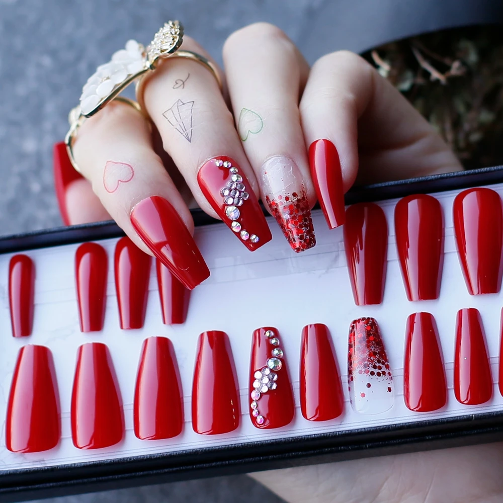 Gel Ballet Red Nails, Amber Rhinestones And Acrylic Press On Nails  Dropshiping And Wholesale Fake Nails With Box - False Nails - AliExpress