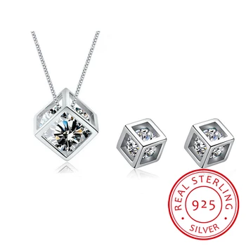 

925 Sterling Silver Zirconia Cube Box Earrings Geometric Choker Necklaces Jewelry Sets for Women Statement Pendientes Brincos