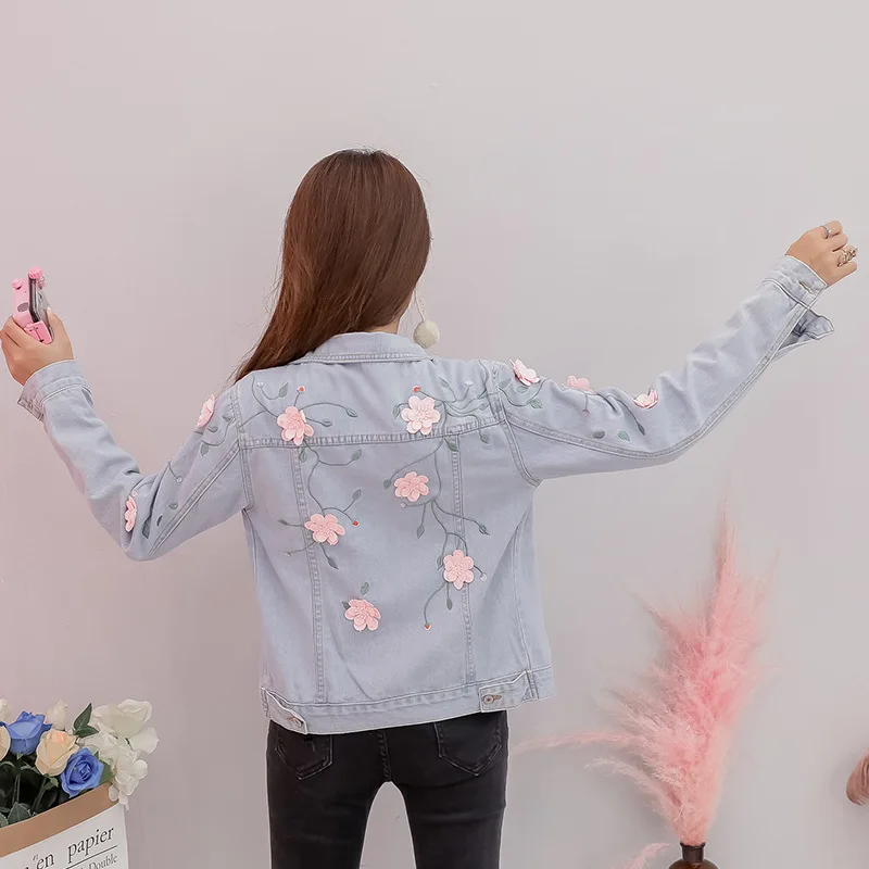 remarkable Jeans Coat Women's Short Spring And Autumn Stereo Embroidery Long Sleeve Jacket Versatile Students