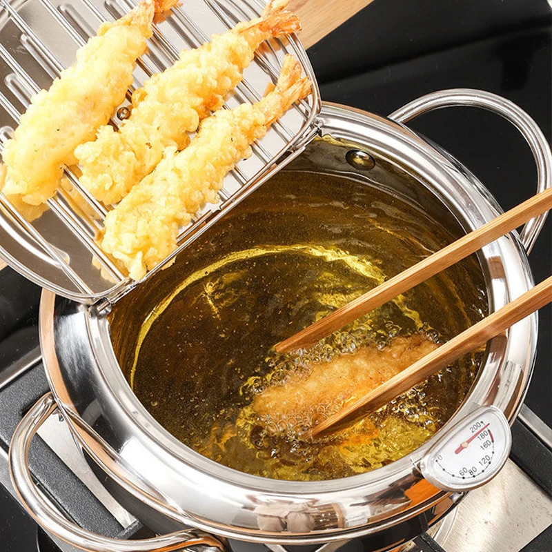20/24cm Japanese Fryer Deep Frying Pot With A Thermometer A Lid 304 Stainless Steel Kitchen Tempura Fryer Pan Kitchen Tools