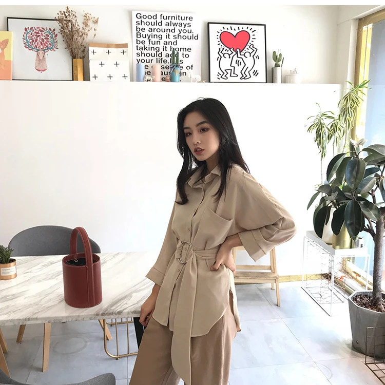 Шифоновые Топы Осенние большие длинные рубашки Harajuku с круглым вырезом и поясом элегантные женские топы уличная одежда