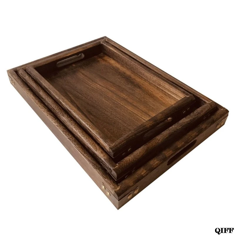 Wooden Serving Tray with Handles, Coffee Table/Butler Serving Tray 3pcs/set