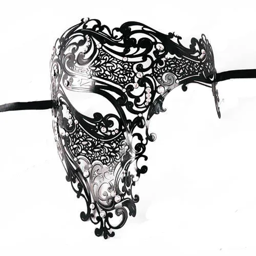 Черная золотая металлическая маска с черепом, стразы на Хэллоуин, венецианская Маскарадная маска на половину лица для мужчин и женщин, филигранные Вечерние Маски с черепом - Цвет: Черный