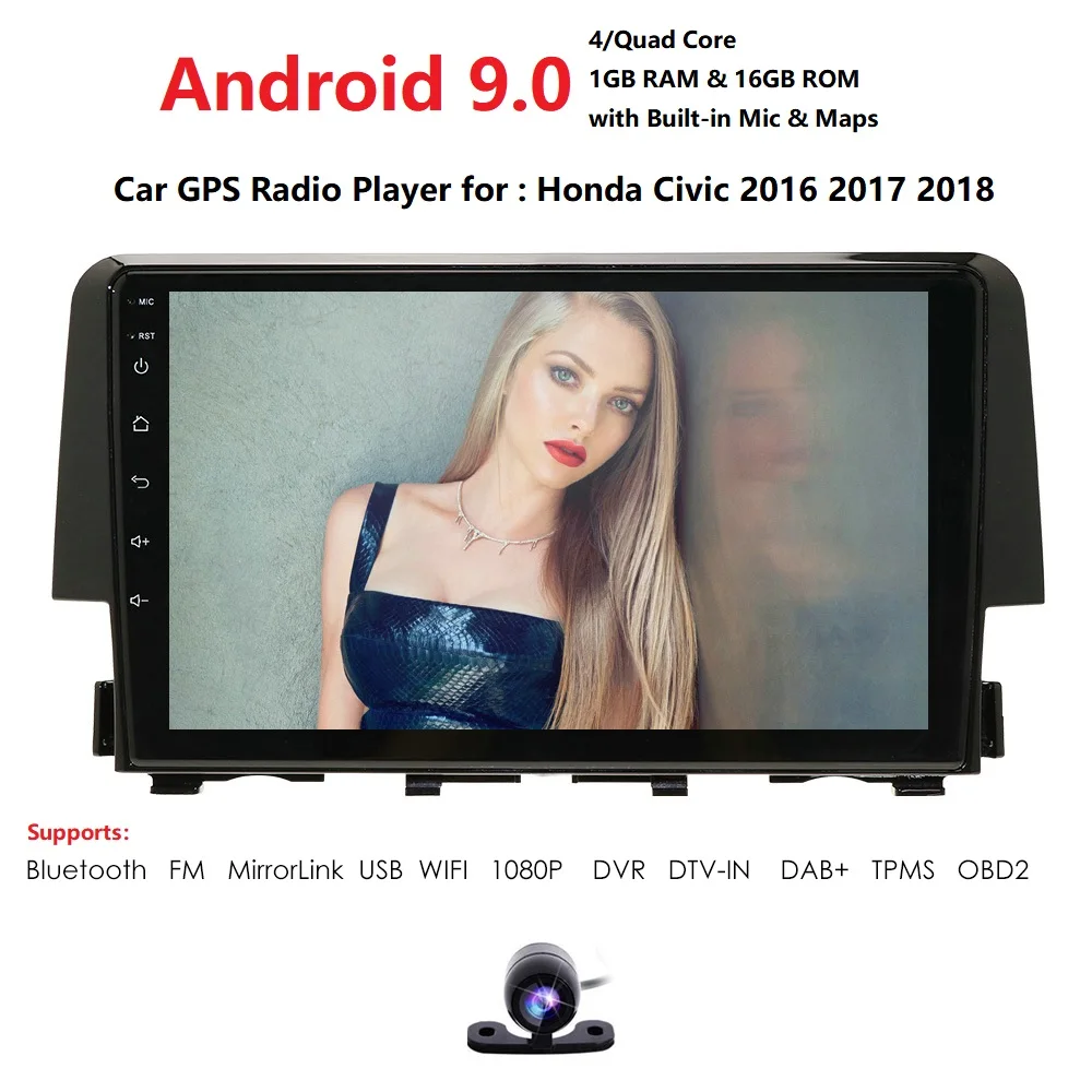 Clearance Android 9.0 Car GPS Navigation For Honda Civic 2016 2017 2018 Quan Core 9 Inch Touch Screen USB SWC FM DAB+ DVR TPMS FREE CAMERA 2