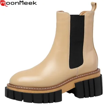 

MoonMeek 2021 New Arrival Women Boots Genuine Leather Boots Square Heels Round Toe Platform Ankle Boots Black Apricot