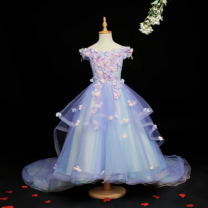 Appliques Tulle Flower Girl Dress Kids Pageant Evening Gown Party Beading Lace Princess Wedding First Communion Clothes
