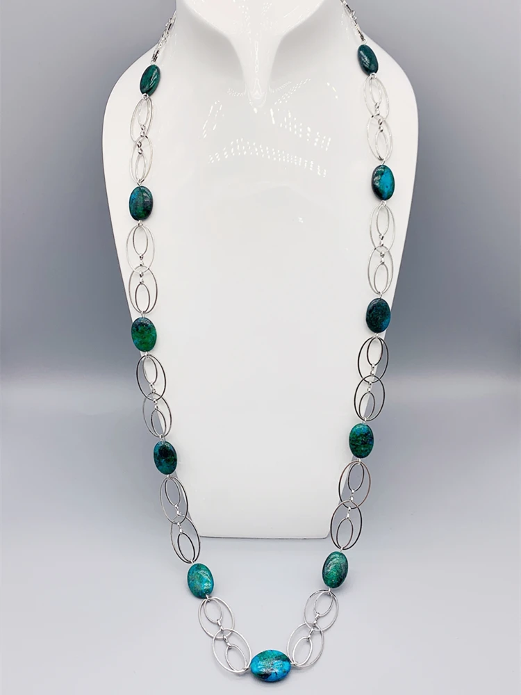 FoLisaUnique Silver Oval Loop Chains Green Azurite Long Necklace For Women Trendy Jewelry