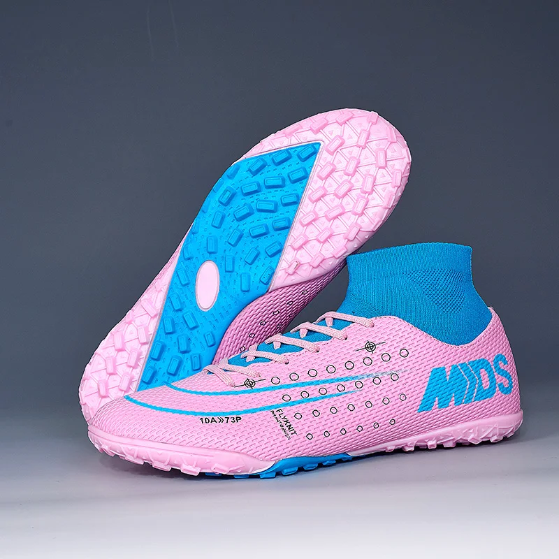 pink turf sole Мужские футбольные бутсы для помещений, футбольные бутсы с высоким берцем, футбольные бутсы для мужчин, оригинальные футбольные бутсы для детей - Цвет: pink turf sole