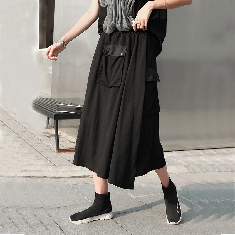 

Europe Women Loose A Line Plus size Patchwork Design Skirt Pocket Personality Black 2020 Summer Fashion New Skirt