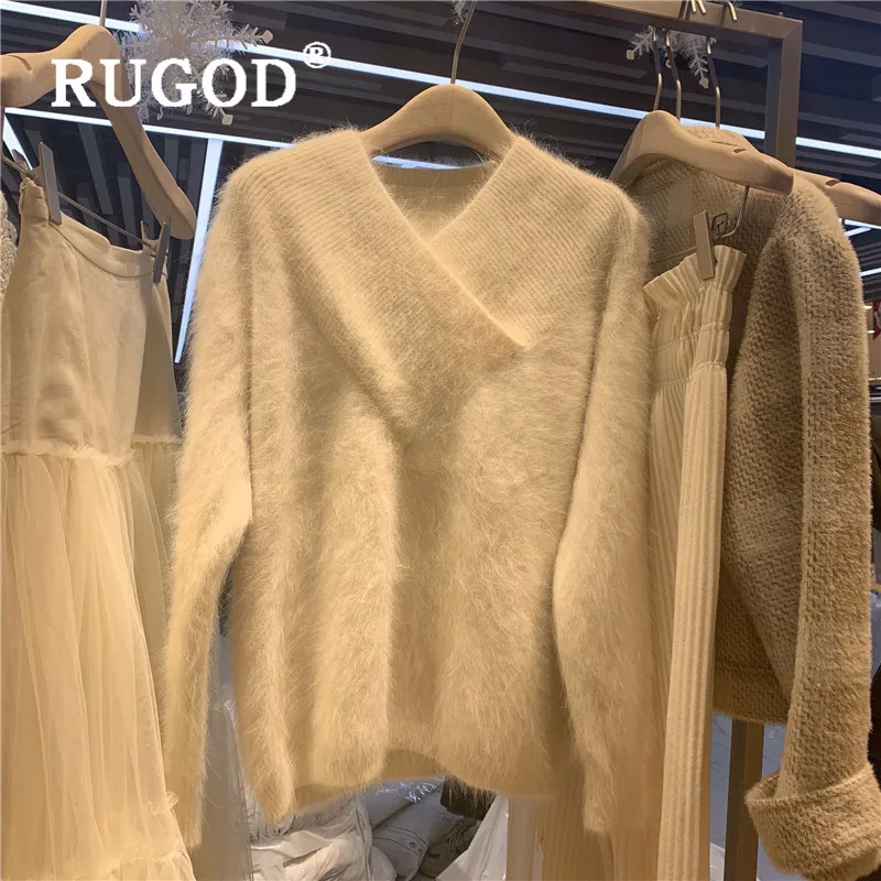 Свитер женский RUGOD, мягкий, теплый, норковый кашемировый свитер, женский, элегантный, v-образный вырез, длинный рукав, вязаный пуловер, зима, осень, свитер, Pull Femme, джемпер кофта женская