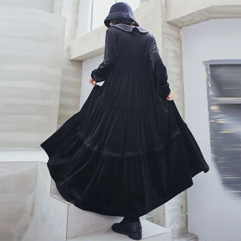 XITAO Vintage Personality Ruffle Black Dress Plus Size Peter Pan Collar Velvet Patchwork Hem Slim Elegant Dress New ZLL4464