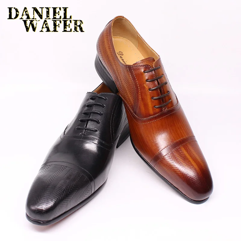 

LUXURY GENUINE LEATHER SHOES HANDMADE BROWN BLACK CAP TOE LACE UP POINTED TOE MEN FORMAL DRESS OFFICE WEDDING LEATHER SHOES MEN