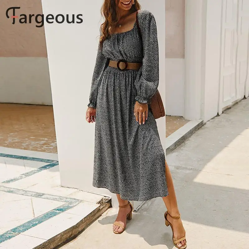 Fargeous винтажное платье макси с принтом в стиле бохо, женское осенне-зимнее длинное платье с цветочным рисунком,, элегантное праздничное платье с разрезом, Vestidos Femme