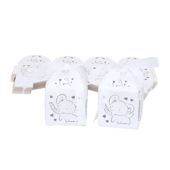 

50pcs Hollow Out Fashion Elephant Pattern Candy Boxes Gift Bags Wedding Favors & Ribbons (White)
