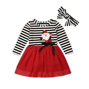 

1-6Y Christmas Girls Dress Toddler Kid Baby Girls Xmas Clothes Long Sleeve Striped Santa Tutu Party Dresses For Girls