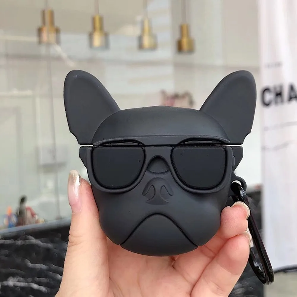 

Cool 3D Hot Pet Dog Wireless Earphone Charging Box Cover for Apple AirPods 1 2 French Bulldog Soft Silicone Case with Hook