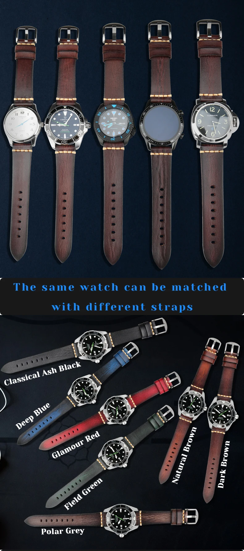 Maikes Genuine Leather Watchband for Galaxy Watch Strap 18mm 20mm 22mm 24mm Watch Band Tissote Timex Omega Wrist Bracelets