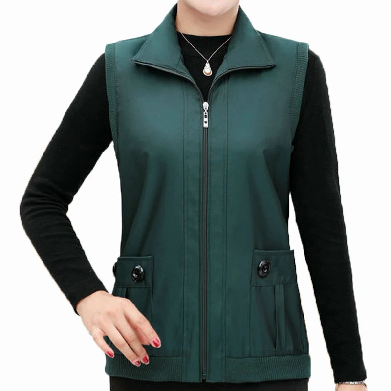 

Autumn Spring Woman Casual Vest Dark Green Blue Red Purple Zipper Front Waistcoat Pockets Turn Down Collar Sleeveless Outwear