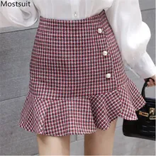 Клетчатая юбка фасона "Русалка" Женская осень зима винтажная Высокая талия с кисточками бисером размера плюс облегающие мини-юбки в Корейском стиле