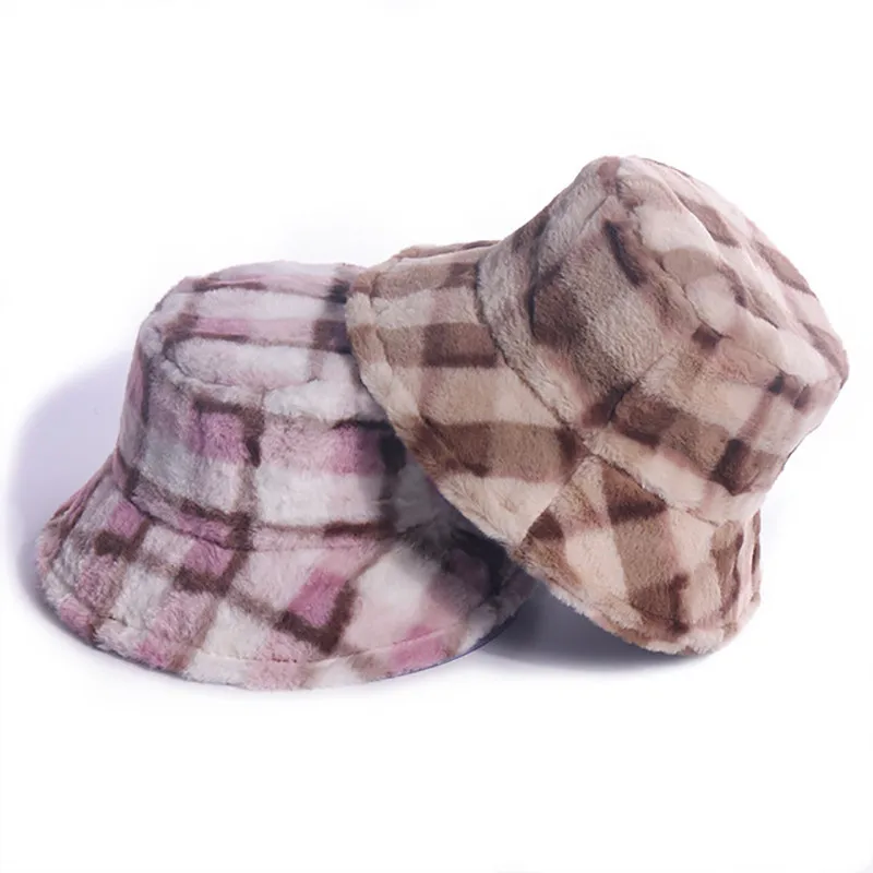 

Winter Bucket Women Plaid Print Lambwool Thick Warm Hat Female Casual Sunscreen Fishing Cap Panama Outdoor Brim Artist Beanie