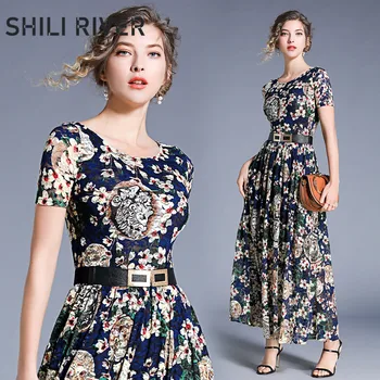 

2020 new summer long dress for women short sleeve slim casual lace print floral embroidery elegant pleated full dresses belt