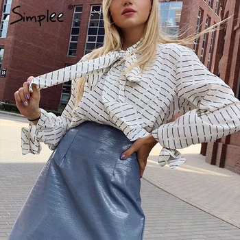 

Simplee Elegant bow tie women blouse shirt Custom made long sleeve female top shirt Casual streetwear office ladies blouse shirt