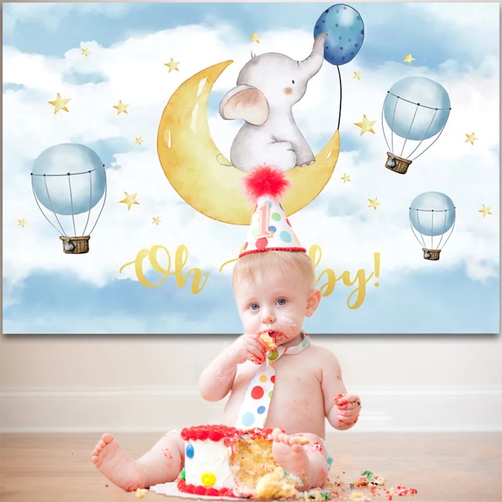 Baby 1st Birthday Elephant Backdrop For Girl Boy Baptism Party Photography Background Cake Smash Table Decor Banner Photo Prop photo backdrop