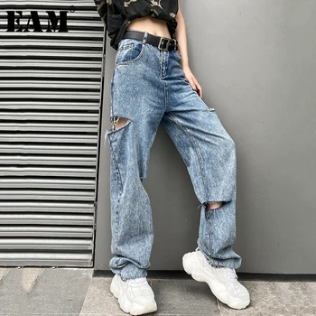 

[EAM] Wide Leg Blue Long Holes Wide Leg Jeans New High Waist Loose Women Trousers Fashion Tide Spring Autumn 2020 1W69405