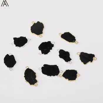 

Irregular Slab Black Tourmaline Stone Gold Silvery Pendant Necklace,Raw Stone Double Connector For Jewelry Findings FZ-49AMF