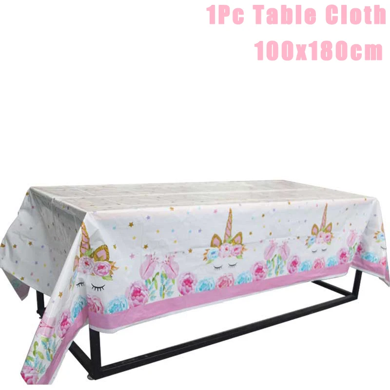 1pc tablecloths Девичьи вечерние принадлежности в виде единорога, бумажная тарелка в виде единорога, чашка для дня рождения, декорации вечеринок, для детей, угощение гостей, закуски, торты, продукты для детского душа - Цвет: 1pc tablecloths