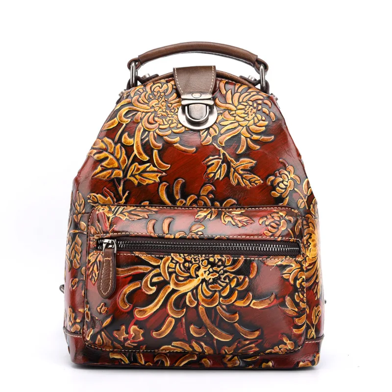 

The new big bag ladies handbags creative floral embossed shoulder bag retro rub color first layer of leather backpack