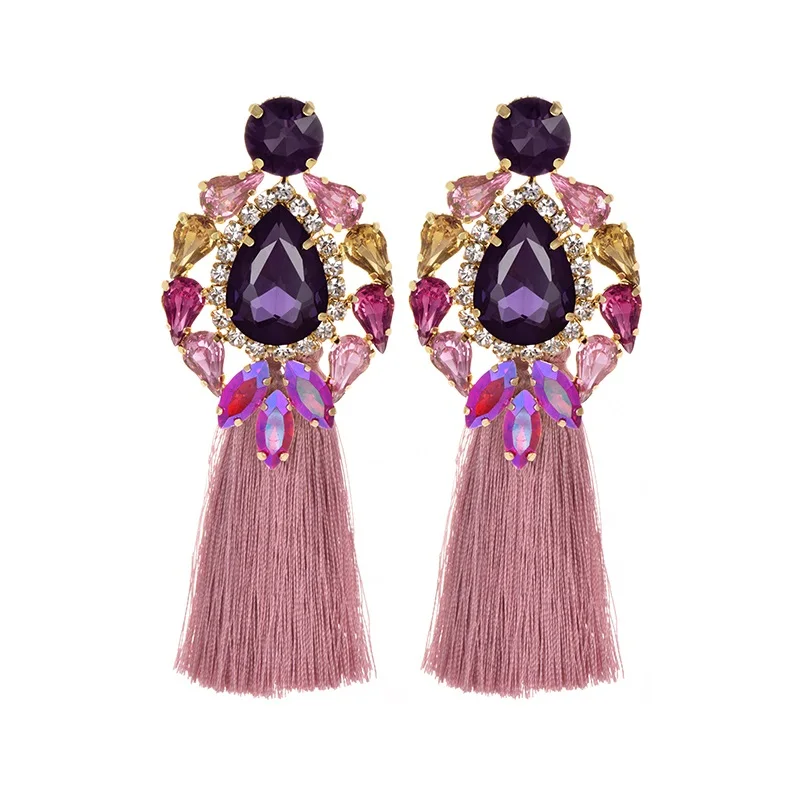 Handmade blue Big Crystal Flower Earring Vintage Ethnic Bohemian Rhinestone Long Tassel Drop Dangle Earrings for Women Jewelry