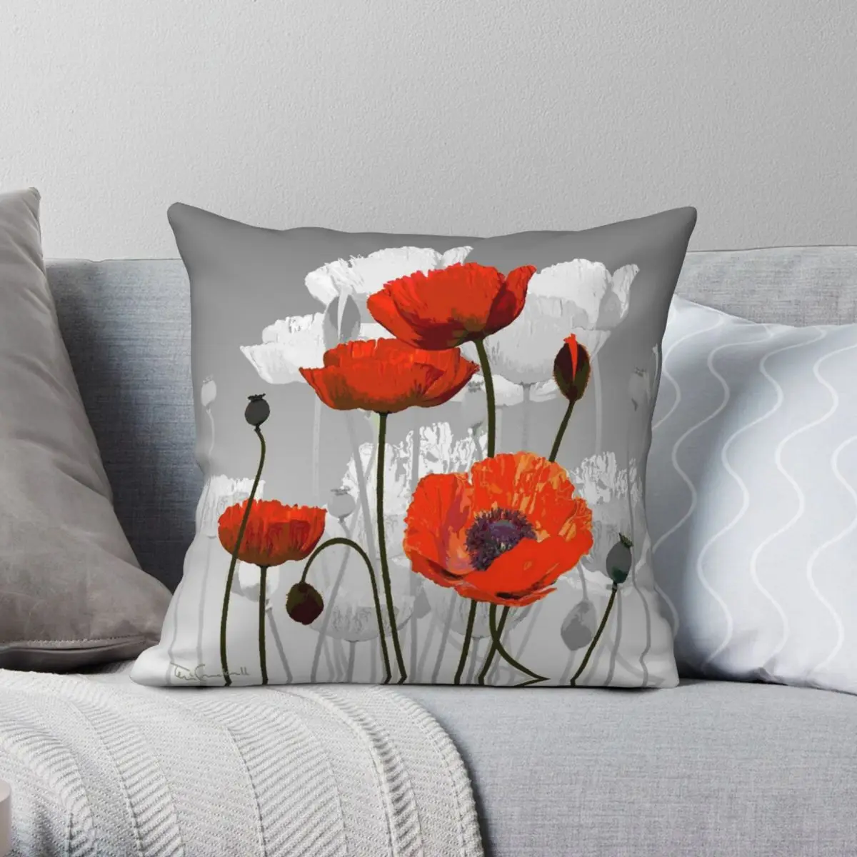 

POPPIES Square Pillowcase Polyester Linen Velvet Creative Zip Decor Throw Pillow Case Sofa Cushion Cover
