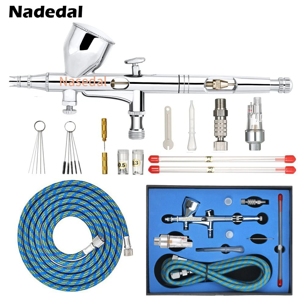 Ceny Nasedal Dual action 9cc 0.2mm miniszczoteczka farby Spary pistolet Nail Art opryskiwacz przybory do makijażu ciasto Decor Airbrush tatuaż tryb farby