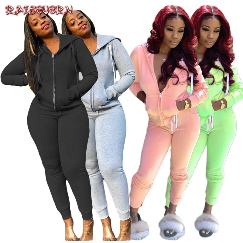 RAISEVERN Grey Black Pink Tracksuit Casual Womens Sets Pants Jackets Two Pieces 2019 Zipper Set Autumn Sweat Suits Women Outfit