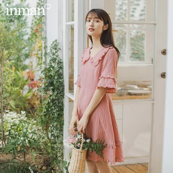 

INMAN 2020 Summer New Arrival Peter pan Collar Sweet Cute Literary Falbala Short Sleeve Dress