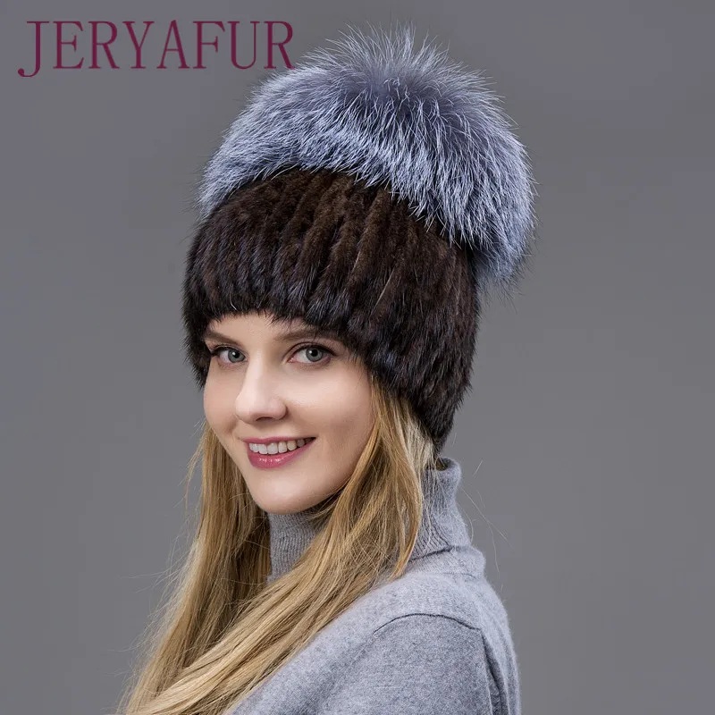 Heißer Verkauf Pelz Hut Hand-woven Kostenloser mail Winter Warme Frauen Nerz hüte Vertikale Weben Mit Fuchs Pelz Und leder Auf D