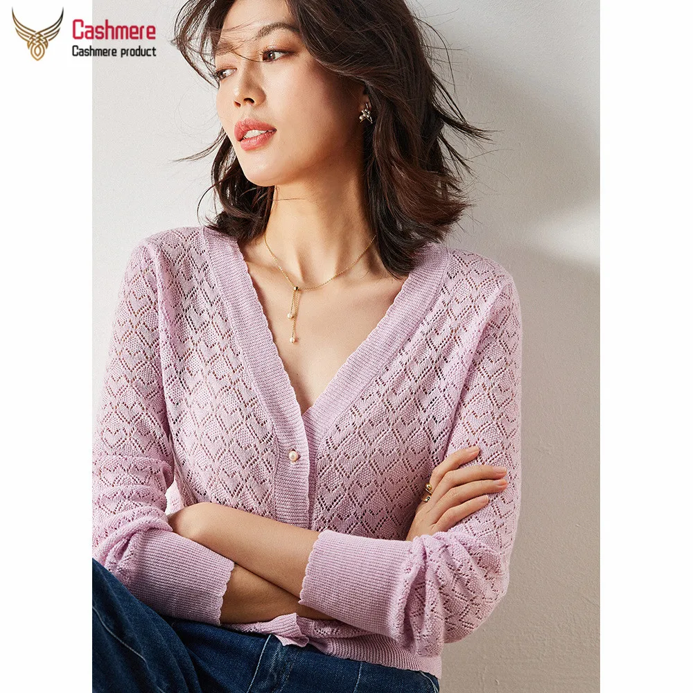 

Women's sweater cardigan short section long-sleeved openwork sweater spring summer new French ins retro V-neck sweater sunscreen