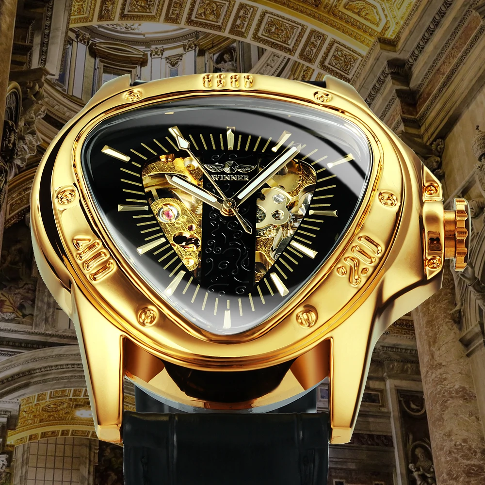 Triangle Military Wrist Watches for Men Mechanical Skeleton Watch Leather Belt WINNER