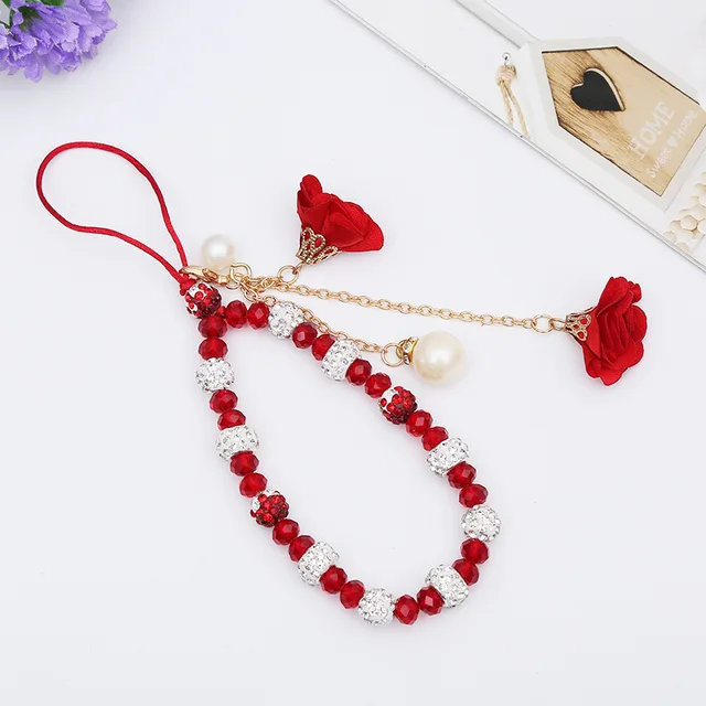 Shellnail Mobile Phone Lanyard Short Hand Strap for Key USB Diamond Bracelet Phone Case Flower Pendant DIY Tassel Phone Straps red